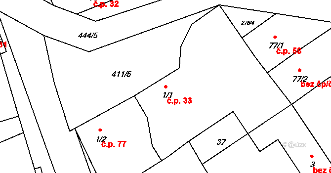 Donín 33, Toužetín na parcele st. 1/1 v KÚ Donín, Katastrální mapa