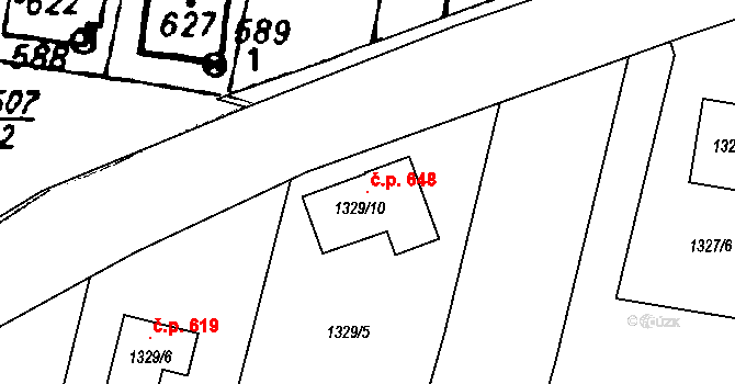 Město Touškov 648 na parcele st. 1329/10 v KÚ Město Touškov, Katastrální mapa
