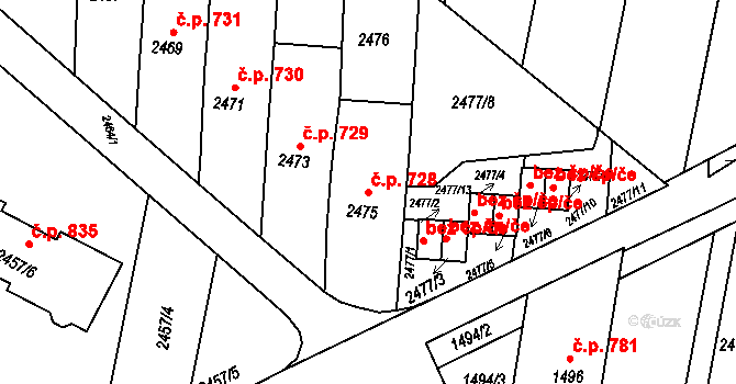 Klobouky u Brna 728 na parcele st. 2475 v KÚ Klobouky u Brna, Katastrální mapa