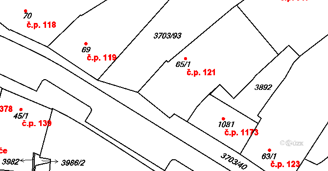 Dobřany 121 na parcele st. 65/1 v KÚ Dobřany, Katastrální mapa