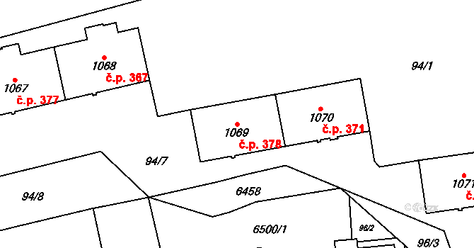 Hrušovany nad Jevišovkou 378 na parcele st. 1069 v KÚ Hrušovany nad Jevišovkou, Katastrální mapa