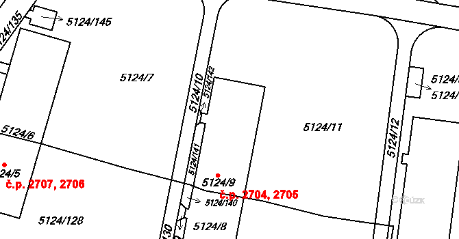 Jihlava 2704,2705 na parcele st. 5124/9 v KÚ Jihlava, Katastrální mapa