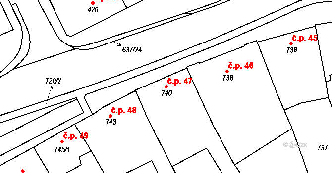 Rousínov 47 na parcele st. 740 v KÚ Rousínov u Vyškova, Katastrální mapa