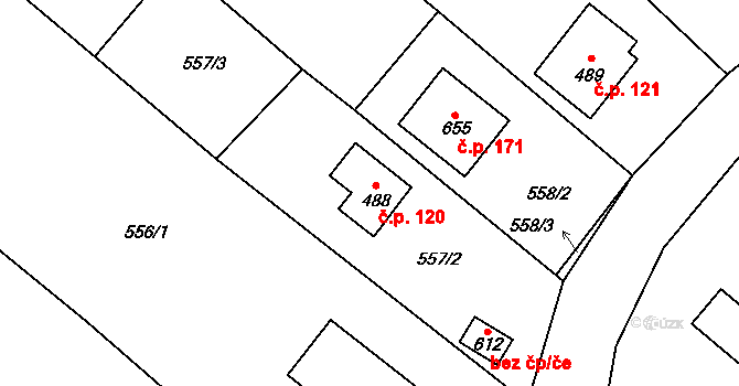 Hukvaldy 120 na parcele st. 488 v KÚ Sklenov, Katastrální mapa