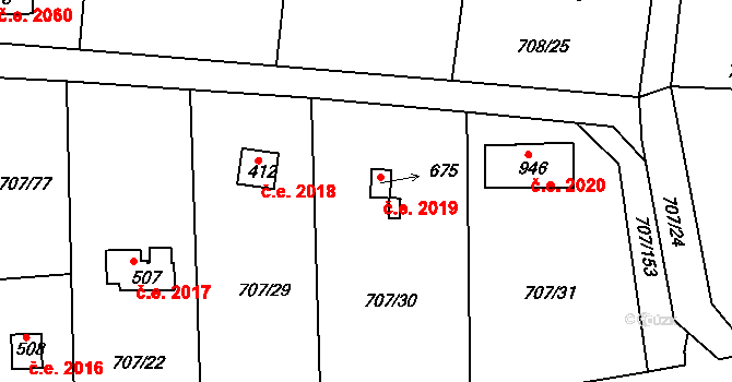 Skuheř 2019, Kamenice na parcele st. 675 v KÚ Těptín, Katastrální mapa