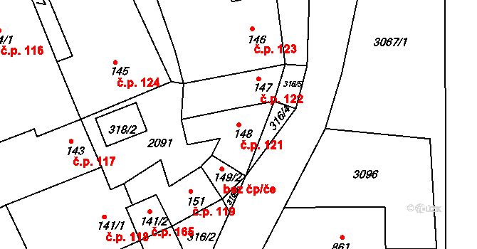 Kamenec u Poličky 121 na parcele st. 148 v KÚ Kamenec u Poličky, Katastrální mapa