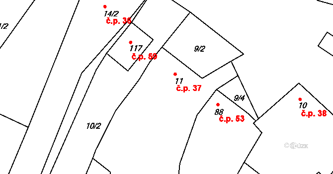 Vrbka 37 na parcele st. 11 v KÚ Vrbka u Sulimova, Katastrální mapa
