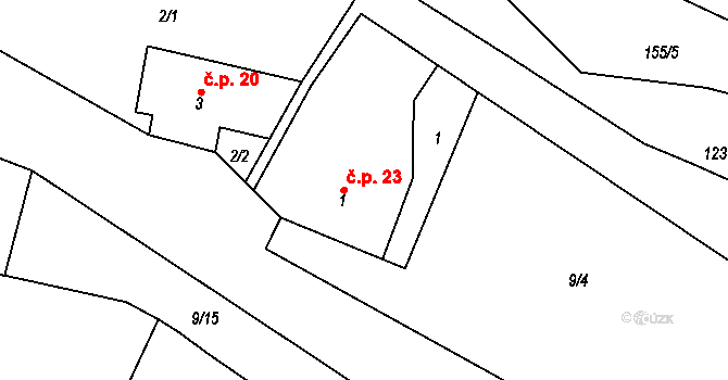 Doly 23, Bouzov na parcele st. 1 v KÚ Doly u Bouzova, Katastrální mapa