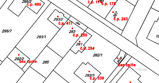 Křelov 254, Křelov-Břuchotín na parcele st. 281 v KÚ Křelov, Katastrální mapa