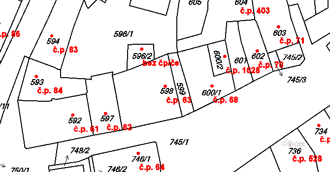 Hořovice 63 na parcele st. 598 v KÚ Hořovice, Katastrální mapa