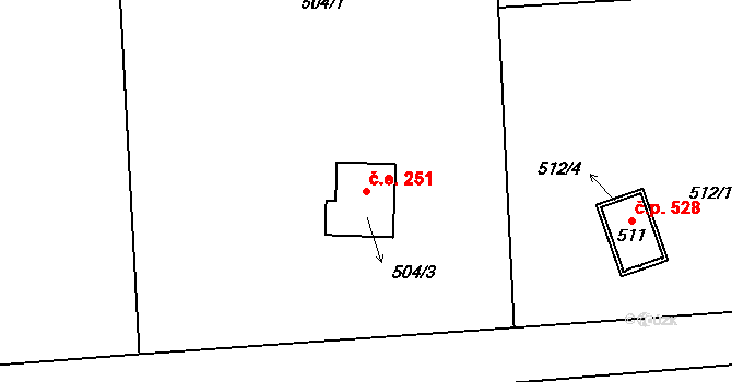 Hradištko 251 na parcele st. 504/3 v KÚ Hradištko u Sadské, Katastrální mapa