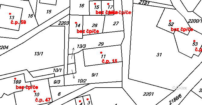 Jirkov 15, Železný Brod na parcele st. 11 v KÚ Jirkov u Železného Brodu, Katastrální mapa