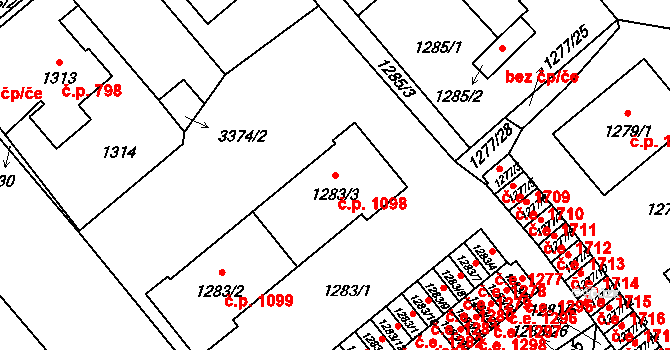 Pelhřimov 1098,1099 na parcele st. 1283/3 v KÚ Pelhřimov, Katastrální mapa