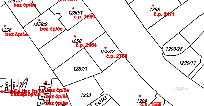 Teplice 2750 na parcele st. 1257/2 v KÚ Teplice, Katastrální mapa