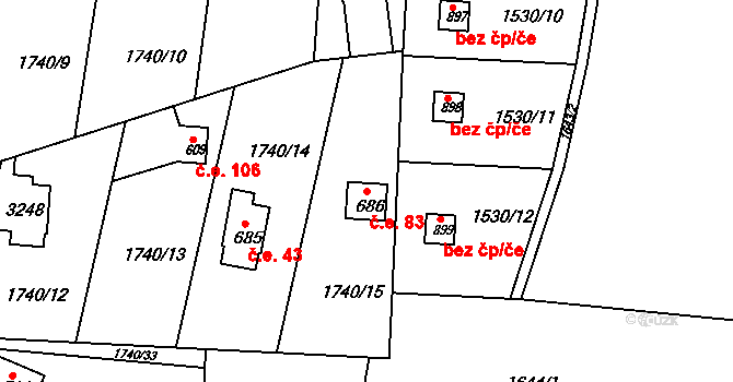 Janovice 83 na parcele st. 686 v KÚ Janovice u Frýdku-Místku, Katastrální mapa