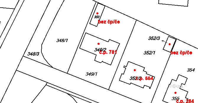 Čimice 781, Praha na parcele st. 349/2 v KÚ Čimice, Katastrální mapa