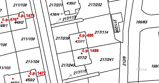 Sezimovo Ústí 486 na parcele st. 437/1 v KÚ Sezimovo Ústí, Katastrální mapa