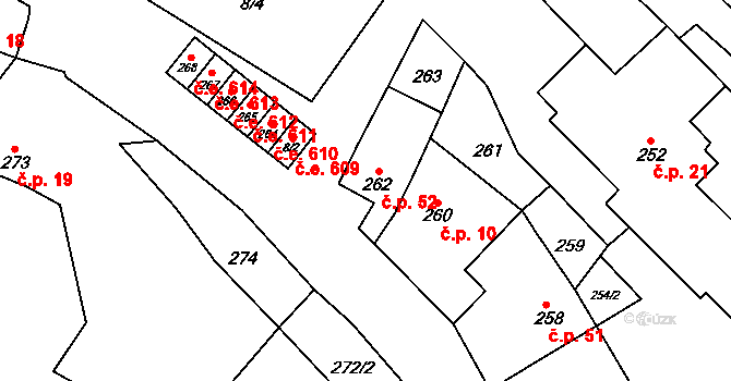 Čučice 52 na parcele st. 262 v KÚ Čučice, Katastrální mapa