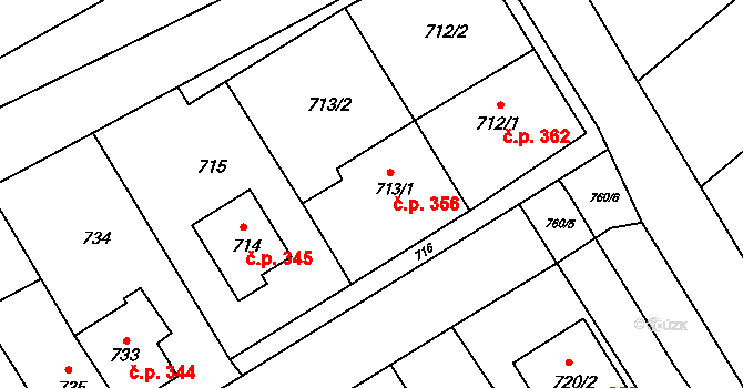 Šaratice 356 na parcele st. 713/1 v KÚ Šaratice, Katastrální mapa
