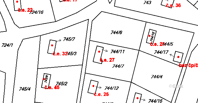 Horní Jasenka 27, Vsetín na parcele st. 744/11 v KÚ Jasenka, Katastrální mapa