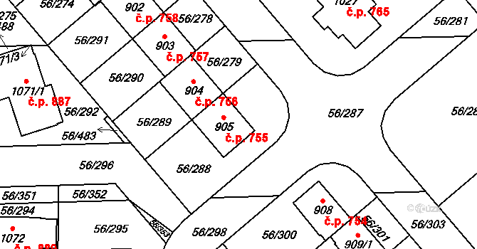 Hovorčovice 755 na parcele st. 905 v KÚ Hovorčovice, Katastrální mapa