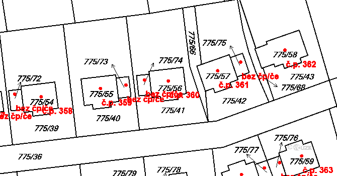 Dýšina 360 na parcele st. 775/56 v KÚ Dýšina, Katastrální mapa