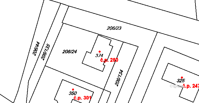 Čistá 250 na parcele st. 374 v KÚ Čistá u Mladé Boleslavi, Katastrální mapa
