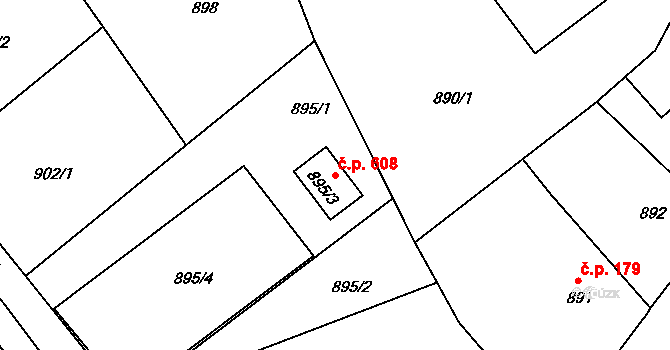 Štípa 608, Zlín na parcele st. 895/3 v KÚ Štípa, Katastrální mapa