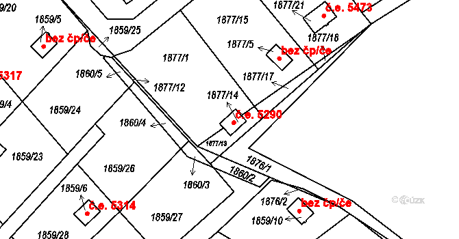 Pelhřimov 5290 na parcele st. 1877/14 v KÚ Pelhřimov, Katastrální mapa