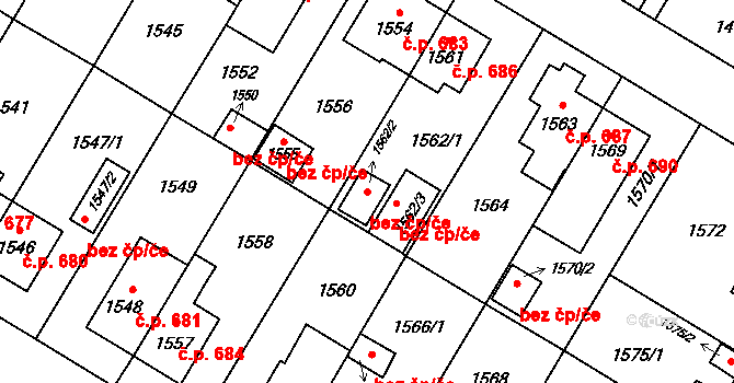 České Budějovice 43635326 na parcele st. 1562/2 v KÚ České Budějovice 7, Katastrální mapa