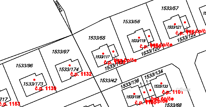 Řeporyje 1105, Praha na parcele st. 1533/117 v KÚ Řeporyje, Katastrální mapa