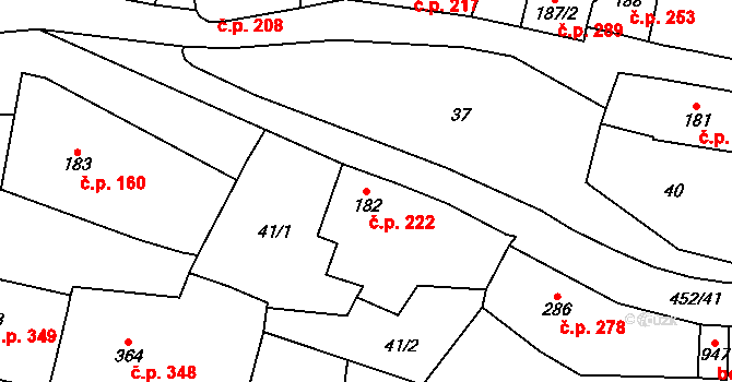 Lysice 222 na parcele st. 182 v KÚ Lysice, Katastrální mapa