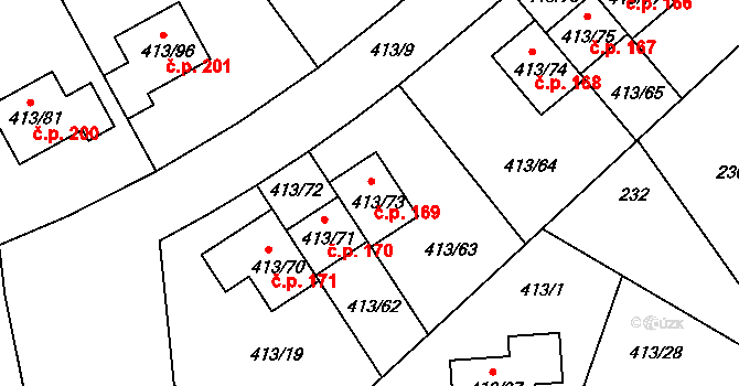 Lidice 169 na parcele st. 413/73 v KÚ Lidice, Katastrální mapa