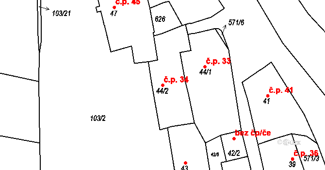 Újezd 34, Vodňany na parcele st. 44/2 v KÚ Újezd u Vodňan, Katastrální mapa