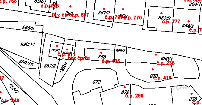 Klobouky u Brna 405 na parcele st. 868 v KÚ Klobouky u Brna, Katastrální mapa