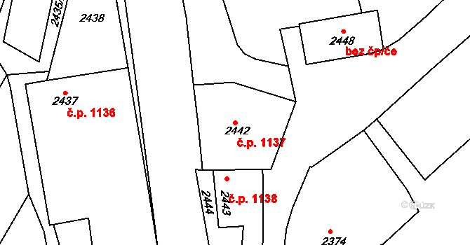 Rakšice 1137, Moravský Krumlov na parcele st. 2442 v KÚ Moravský Krumlov, Katastrální mapa