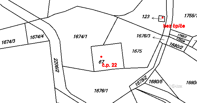 Čeřejov 22, Trhové Sviny na parcele st. 67 v KÚ Otěvěk, Katastrální mapa