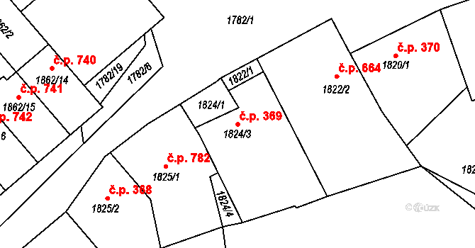 Šardice 369 na parcele st. 1824/3 v KÚ Šardice, Katastrální mapa
