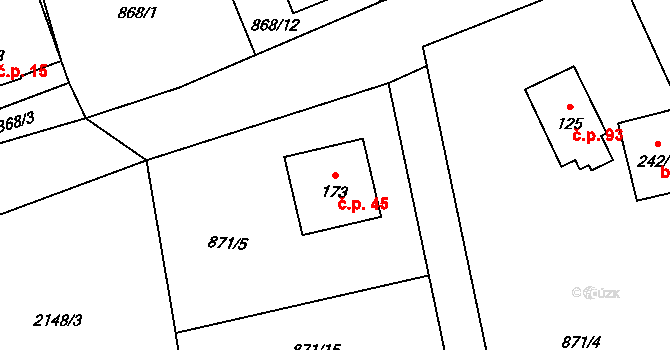 Pěnčín 45 na parcele st. 173 v KÚ Pěnčín, Katastrální mapa