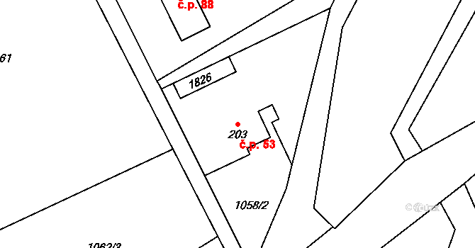 Sedmihorky 53, Karlovice na parcele st. 203 v KÚ Karlovice, Katastrální mapa