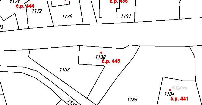 Staříč 443 na parcele st. 1132 v KÚ Staříč, Katastrální mapa