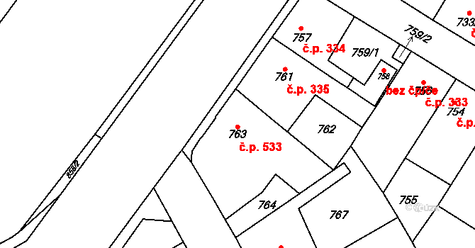 Kosmonosy 533 na parcele st. 763 v KÚ Kosmonosy, Katastrální mapa