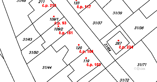 Sulejovice 104 na parcele st. 120 v KÚ Sulejovice, Katastrální mapa