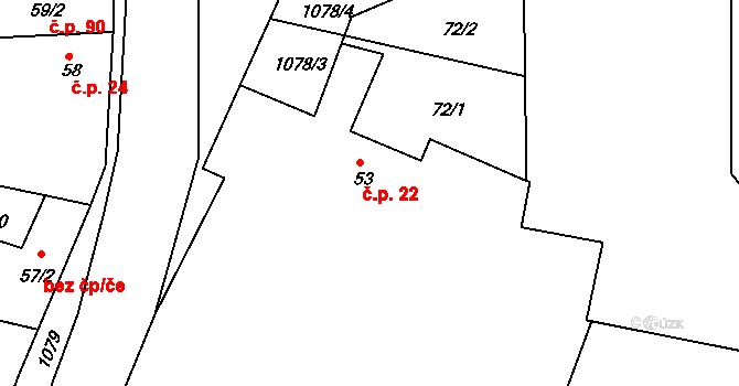 Třtěno 22, Chožov na parcele st. 53 v KÚ Třtěno, Katastrální mapa
