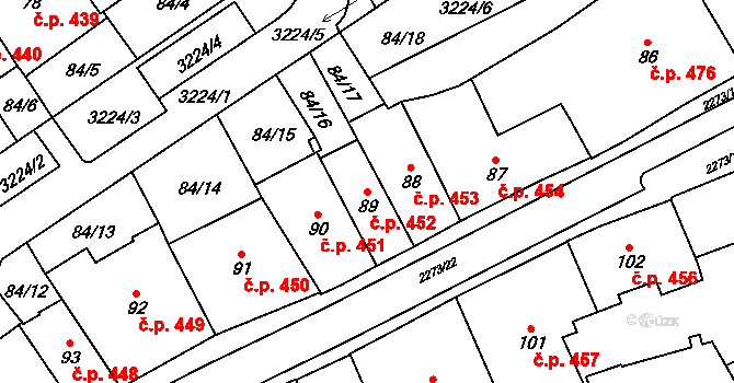 Cheb 452 na parcele st. 89 v KÚ Cheb, Katastrální mapa