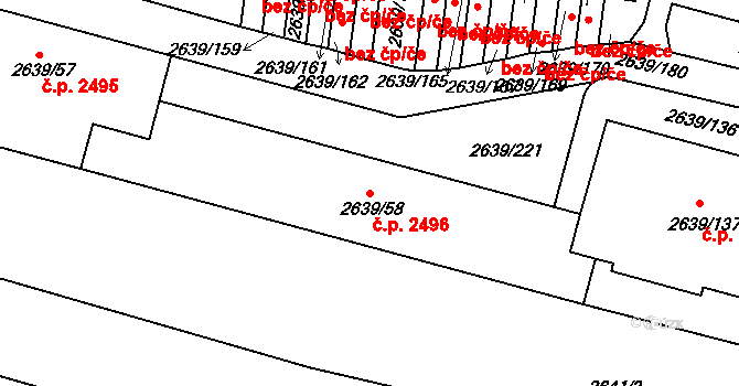 Žižkov 2496, Praha na parcele st. 2639/58 v KÚ Žižkov, Katastrální mapa