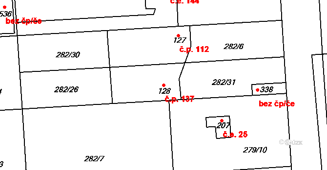 Lhota 137 na parcele st. 128 v KÚ Lhota u Dřís, Katastrální mapa
