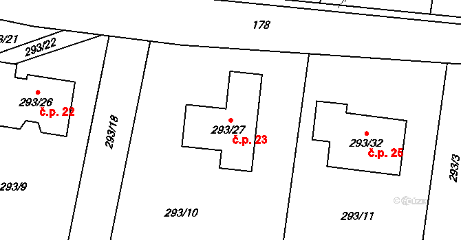 Chuderov 23 na parcele st. 293/27 v KÚ Chuderov, Katastrální mapa