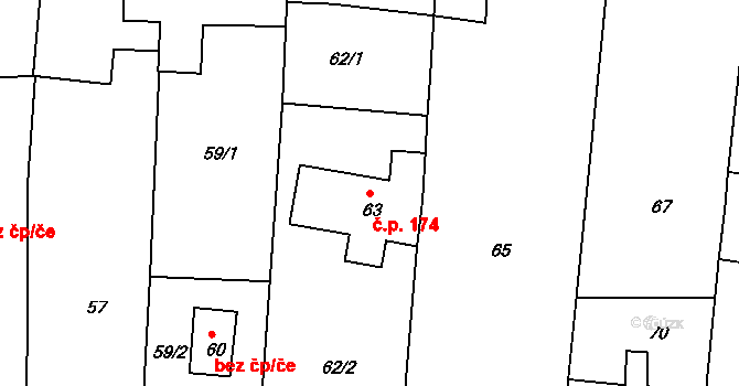 Milovice 174 na parcele st. 63 v KÚ Milovice u Mikulova, Katastrální mapa