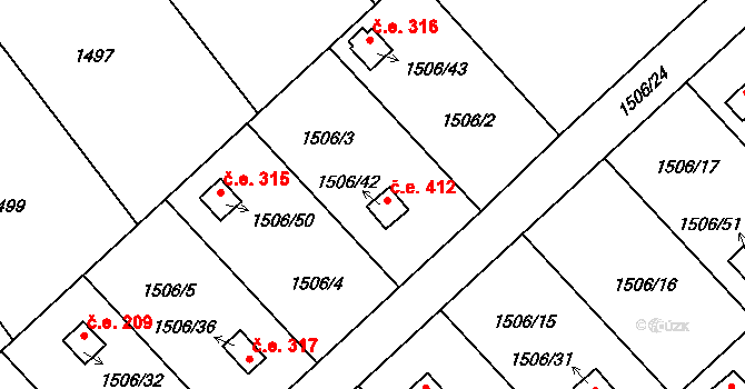Želešice 412 na parcele st. 1506/42 v KÚ Želešice, Katastrální mapa